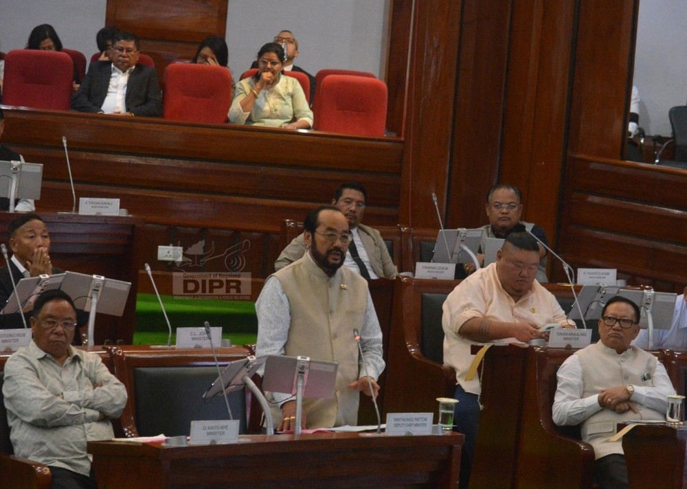 Deputy Chief Minister, Yanthungo Patton taking part in the discussion during the Seventh Session of the 14th NLA at NLA Hall, Kohima on September 2. (DIPR Photo)